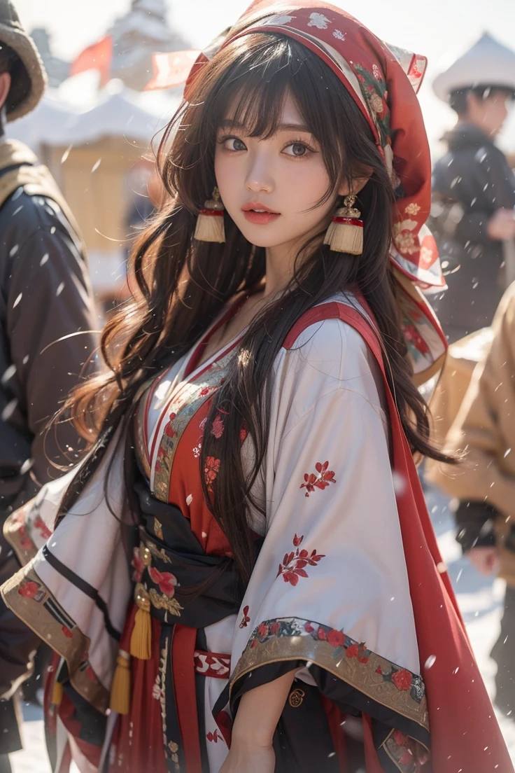 Beautiful Japanese Waifu, brunette hair, head scarf, traditional korean dress, in a snowy ancient army camp