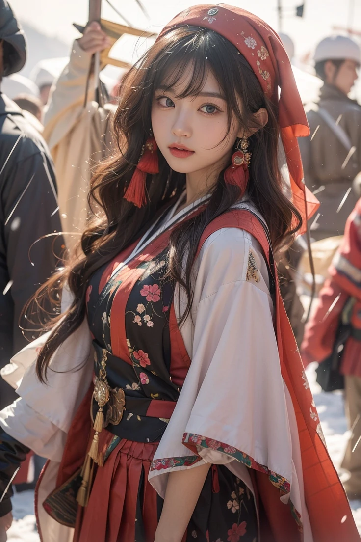 Beautiful Japanese Waifu, brunette hair, head scarf, traditional korean dress, in a snowy ancient army camp