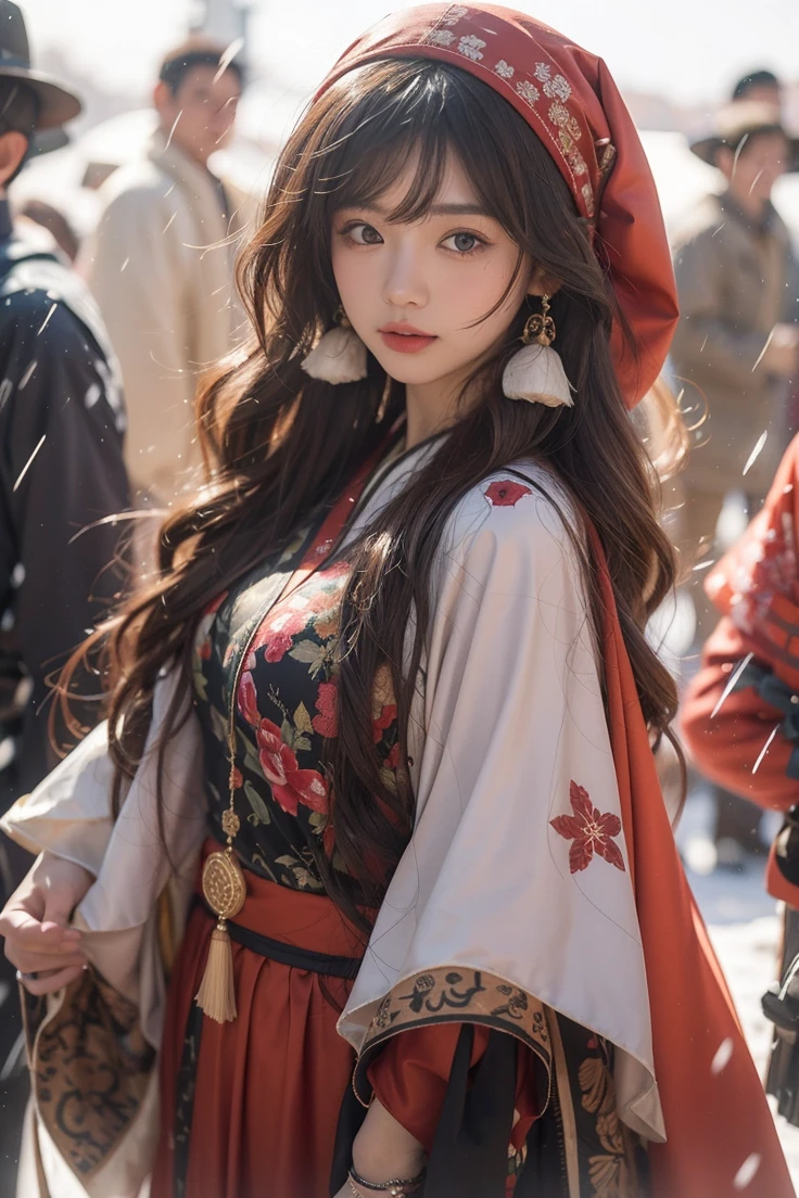 Beautiful Japanese Waifu, brunette hair, head scarf, traditional korean dress, in a snowy ancient army camp