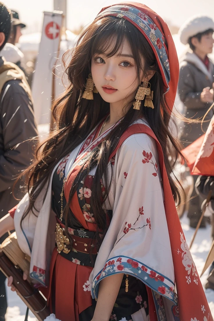 Beautiful Japanese Waifu, brunette hair, head scarf, traditional korean dress, in a snowy ancient army camp