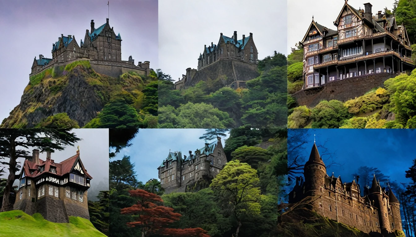 A collage featuring four smaller images of all four locations—Edinburgh Castle, Winchester Mystery House, Aokigahara Forest, and Bran Castle. Add ghostly overlays or shadowy figures to each image to enhance the haunted theme. The images should be at night time
