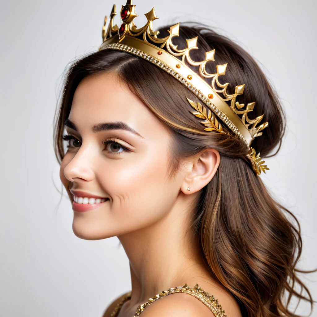 Side view portrait of assertive handsome young woman wearing a golden crown, profile face, being self-confident, smile on her face. Indoor studio shot isolated on white background.