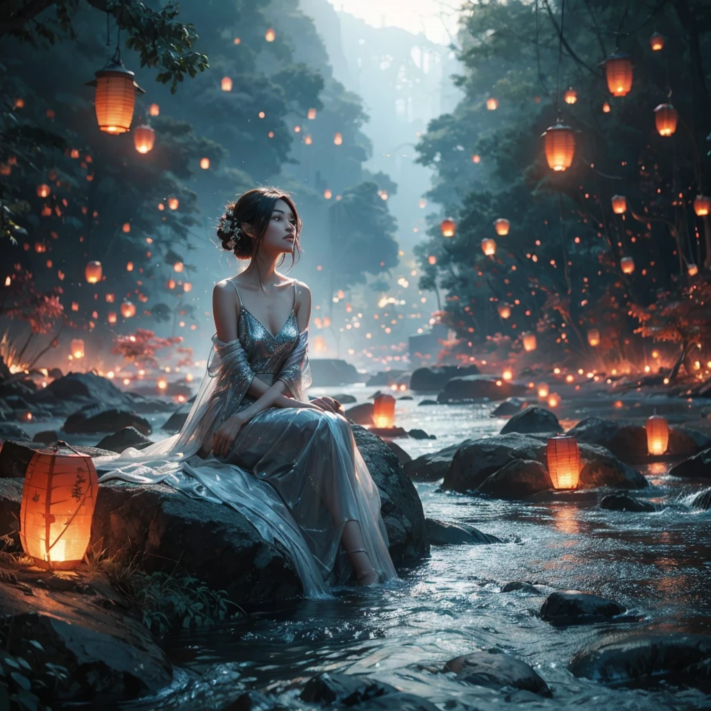 Portrait of an asian woman wearing a white dress sitting on a river with rocks and trees, lanterns floating in the air, embers floating, ross tran. scenic background, magical concept art, atmospheric red sprites, shining lights! digital painting, inspired by Andreas Rocha, background artwork, beautiful concept art, mystical jungle lagoon, epic concept art. bokeh, cgsociety, background art, floating lights, better detail and lighting, photorealistic, ultra high definition, 16k