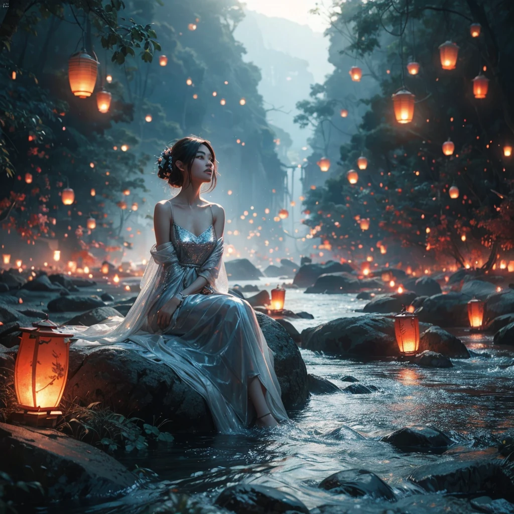 Portrait of an asian woman wearing a white dress sitting on a river with rocks and trees, lanterns floating in the air, embers floating, ross tran. scenic background, magical concept art, atmospheric red sprites, shining lights! digital painting, inspired by Andreas Rocha, background artwork, beautiful concept art, mystical jungle lagoon, epic concept art. bokeh, cgsociety, background art, floating lights, better detail and lighting, photorealistic, ultra high definition, 16k