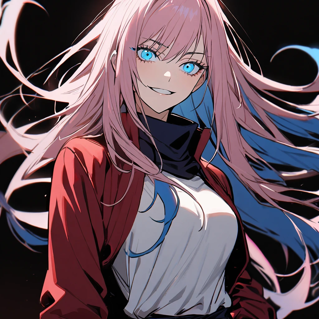 1 girl in jujutsu kaisen style, long hair, light pink hair,blue hair tips, light blue eyes (detailded), Grinning,SHORT WHITE BLOUSE, red jacket, hand on the waist, tilted face, black backdrop