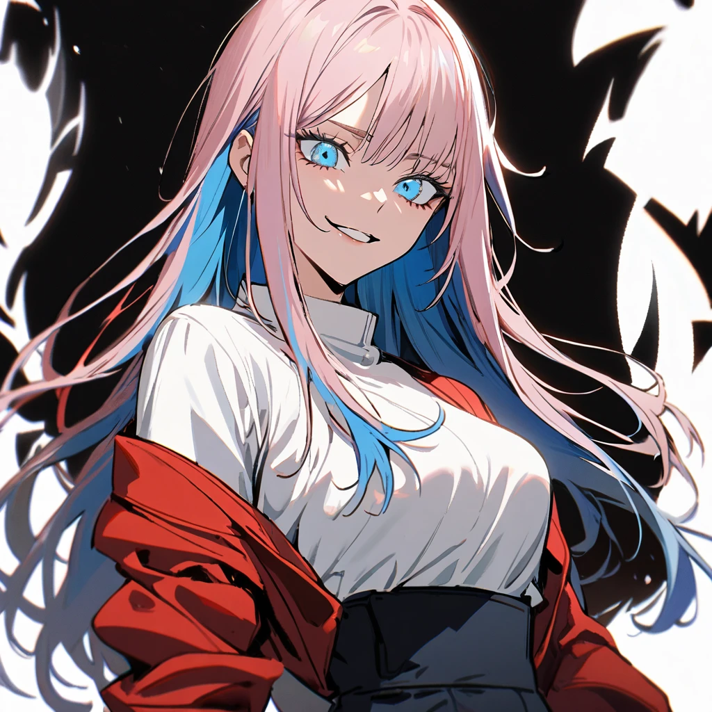 1 girl in jujutsu kaisen style, long hair, light pink hair,blue hair tips, light blue eyes (detailded), Grinning,SHORT WHITE BLOUSE, red jacket, hand on the waist, tilted face, black backdrop