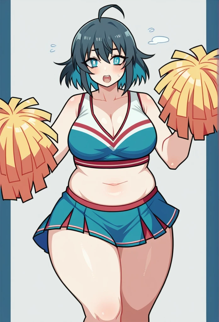 score_9, score_8_up, score_7_up, source_anime, BREAK, (((yew))), , 1girl, solo, chubby, cheerleader, cheerleading uniform, Very big butt,cleavage, thicc