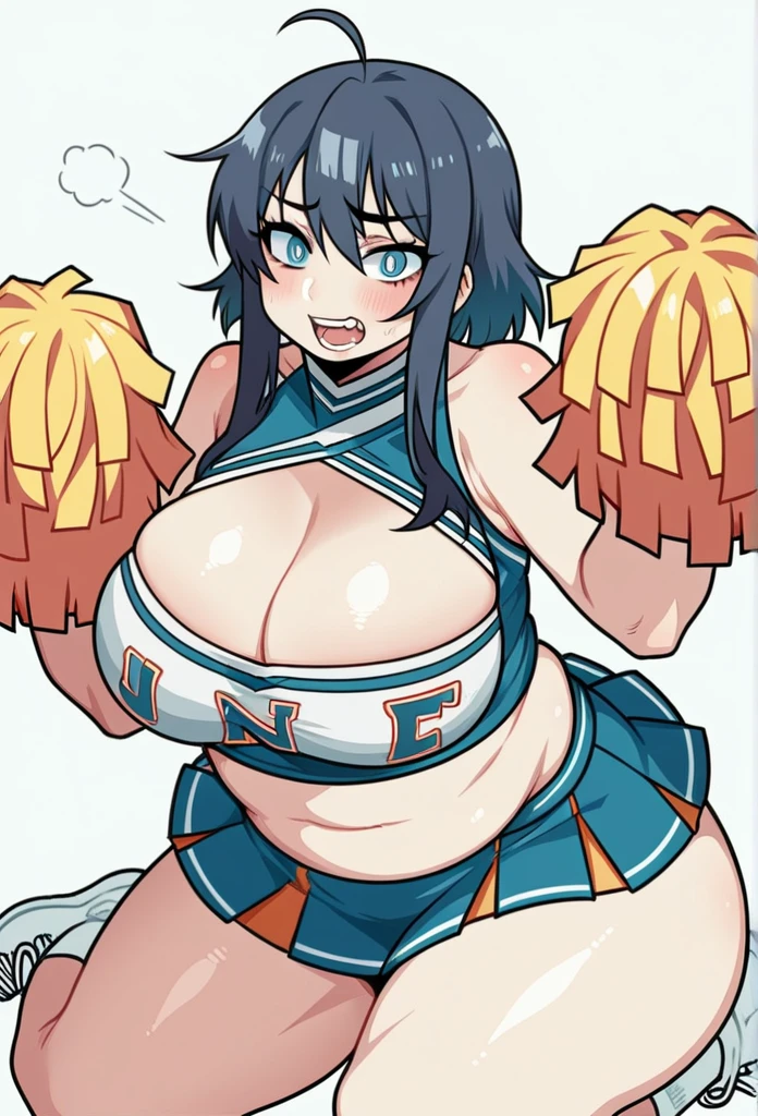 score_9, score_8_up, score_7_up, source_anime, BREAK, (((yew))), , 1girl, solo, chubby, cheerleader, cheerleading uniform, Very big butt,cleavage, thicc