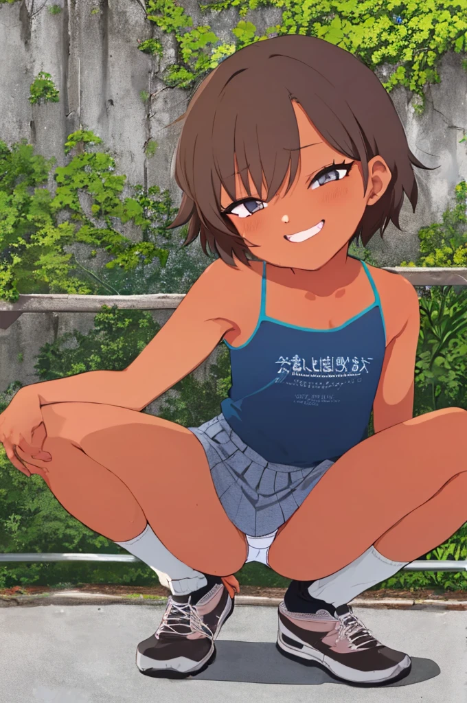 1girl,,tanned body,short hair,squatting on ground,,open legs,spread legs,outdoor,miniskirt,white panties,looking viewer,socks,shoes,camisole,nsfw