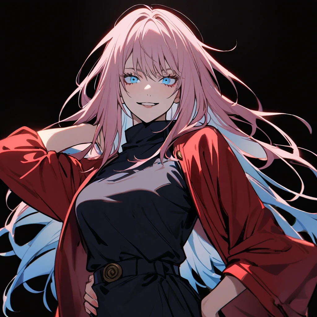 1 girl in jujutsu kaisen style, long hair, light pink hair,blue hair tips, light blue eyes (detailded), Grinning,SHORT WHITE BLOUSE, red jacket, hand on the waist, tilted face, black backdrop 