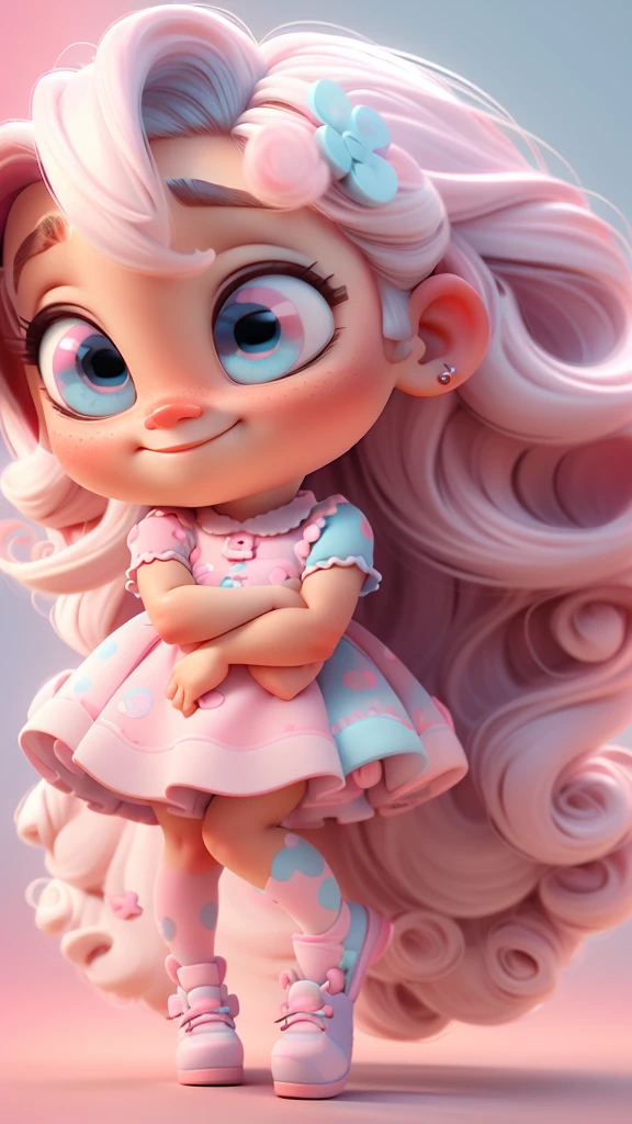3d illustration, pixar style, cute chibi, baby girl ariana grande blonde hair, blue eyes, pink bow in hair, dress aqua ciano with white dots, bright eyes look like inside out character of movie, candy colors, pastel colors, smiling, glitter, light pink shoes, exuberant