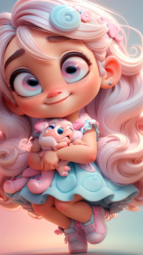 3d illustration, pixar style, cute chibi, baby girl ariana grande blonde hair, blue eyes, pink bow in hair, dress aqua ciano with white dots, bright eyes look like inside out character of movie, candy colors, pastel colors, smiling, glitter, light pink shoes, exuberant
