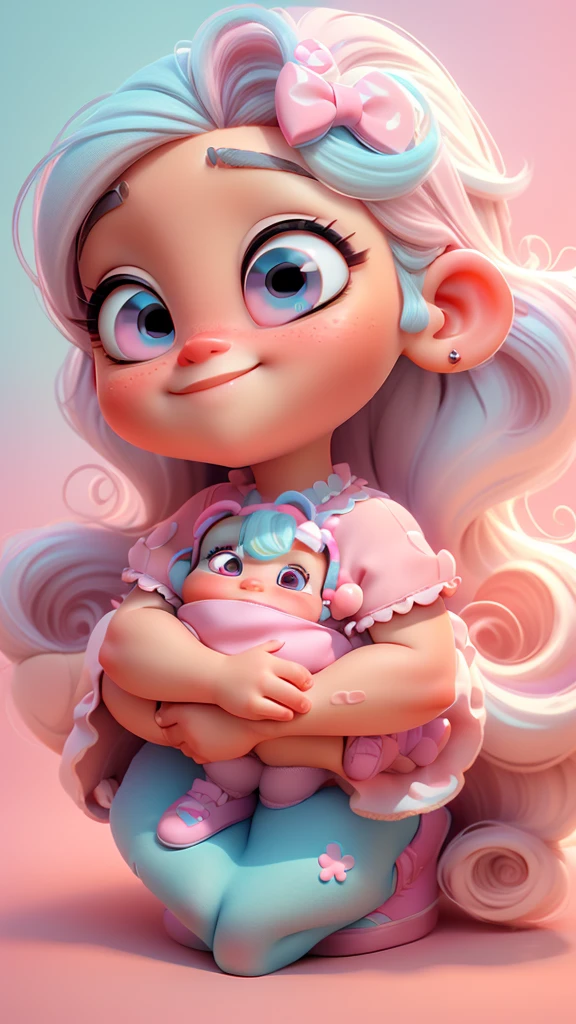 3d illustration, pixar style, cute chibi, baby girl ariana grande blonde hair, blue eyes, pink bow in hair, dress aqua ciano with white dots, bright eyes look like inside out character of movie, candy colors, pastel colors, smiling, glitter, light pink shoes, exuberant
