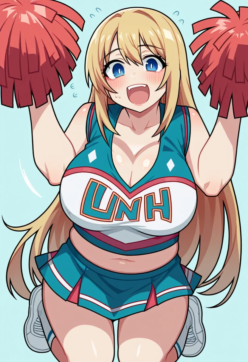 score_9, score_8_up, score_7_up, source_anime, BREAK, (((yew))), , 1girl, solo, chubby, cheerleader, cheerleading uniform, large breasts, cleavage, thicc, blonde hair, excited expression, cute expression, blue eyes, bouncing breasts 