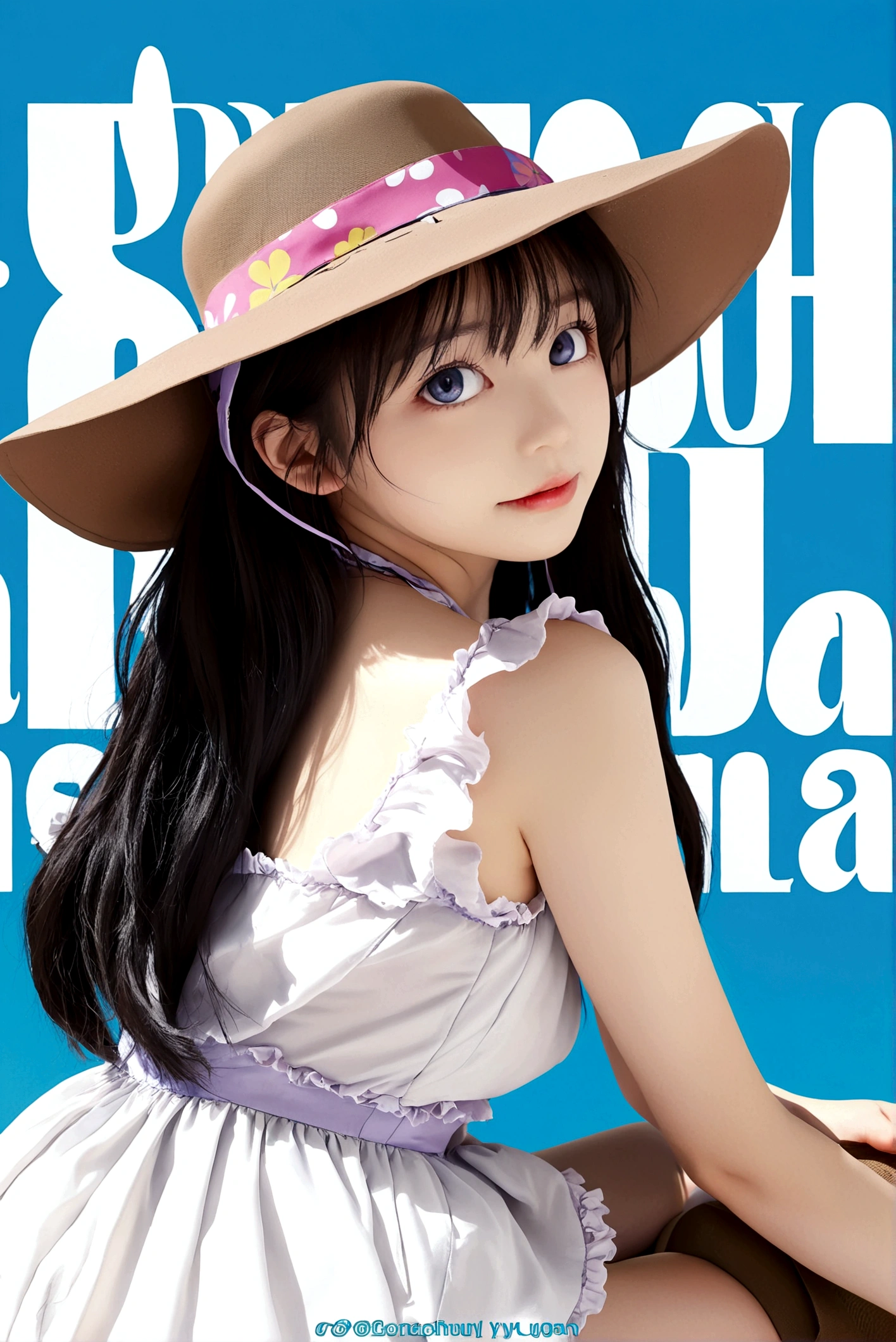 1girl, solo, long hair, open mouth, black hair, hat, dress, looking back, from behind, white dress, mole, mole under eye, sun hat, sundress, gokou ruri