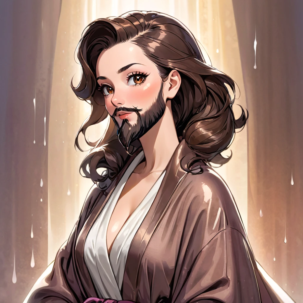bearded lady with voluminous beard, brown eyes, wet brown hair slicked back, big nose, in dressing gown