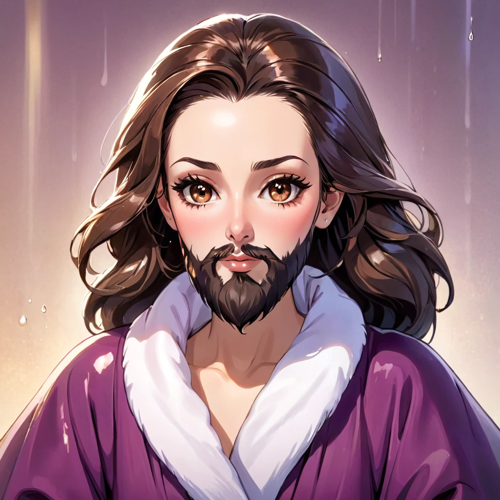 bearded lady with voluminous beard, brown eyes, wet brown hair slicked back, big nose, in dressing gown