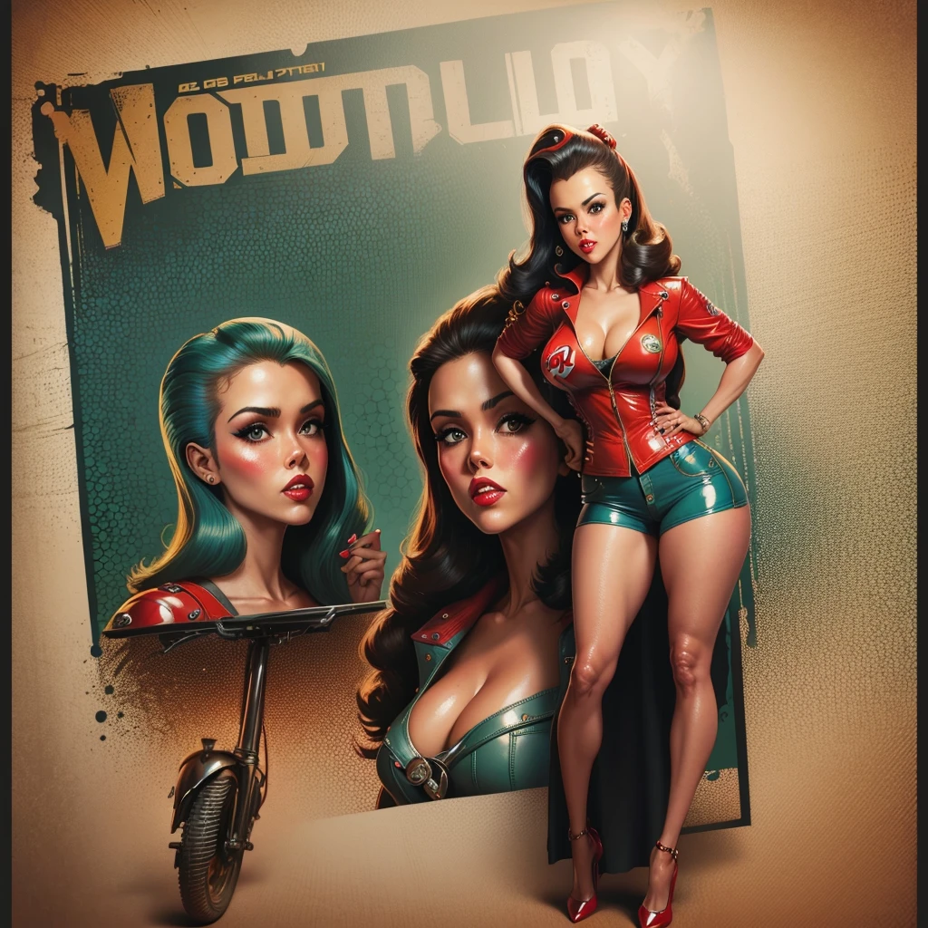 there is a poster with a woman (Jessica Alba :1.1) Red lips, green eyes, on a motorcycle with a banner, pin up poster girl, Glossy old advertising poster, pin up style poster, vintage poster, Vintage poster style, Vintage look, pin-up art, Bob Ringwood, Excellent detail, beautiful retro art, shiny detail, pin up, pin up, garage, pin up, Steve Argyle