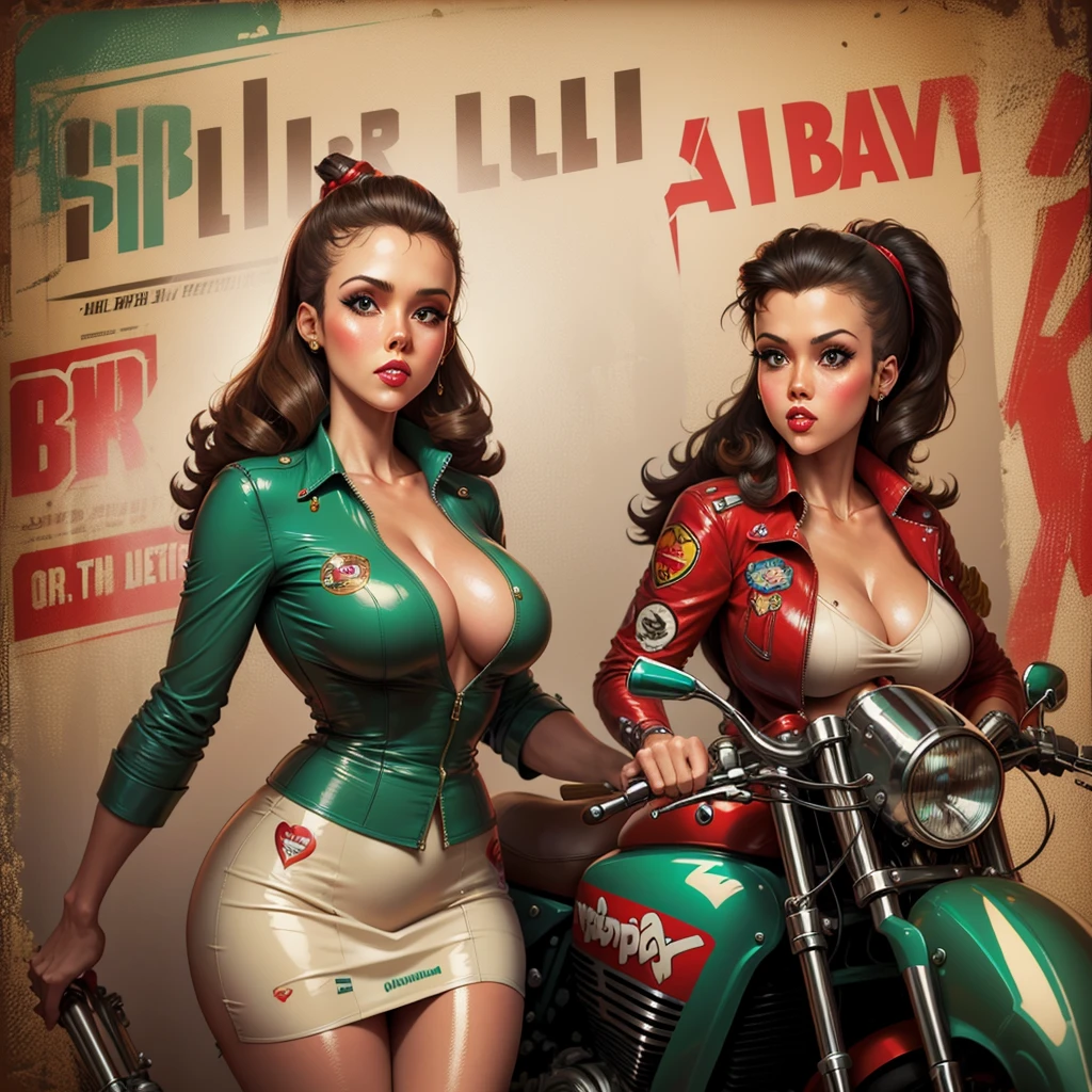 there is a poster with a woman (Jessica Alba :1.1) Red lips, green eyes, on a motorcycle with a banner, pin up poster girl, Glossy old advertising poster, pin up style poster, vintage poster, Vintage poster style, Vintage look, pin-up art, Bob Ringwood, Excellent detail, beautiful retro art, shiny detail, pin up, pin up, garage, pin up, Steve Argyle