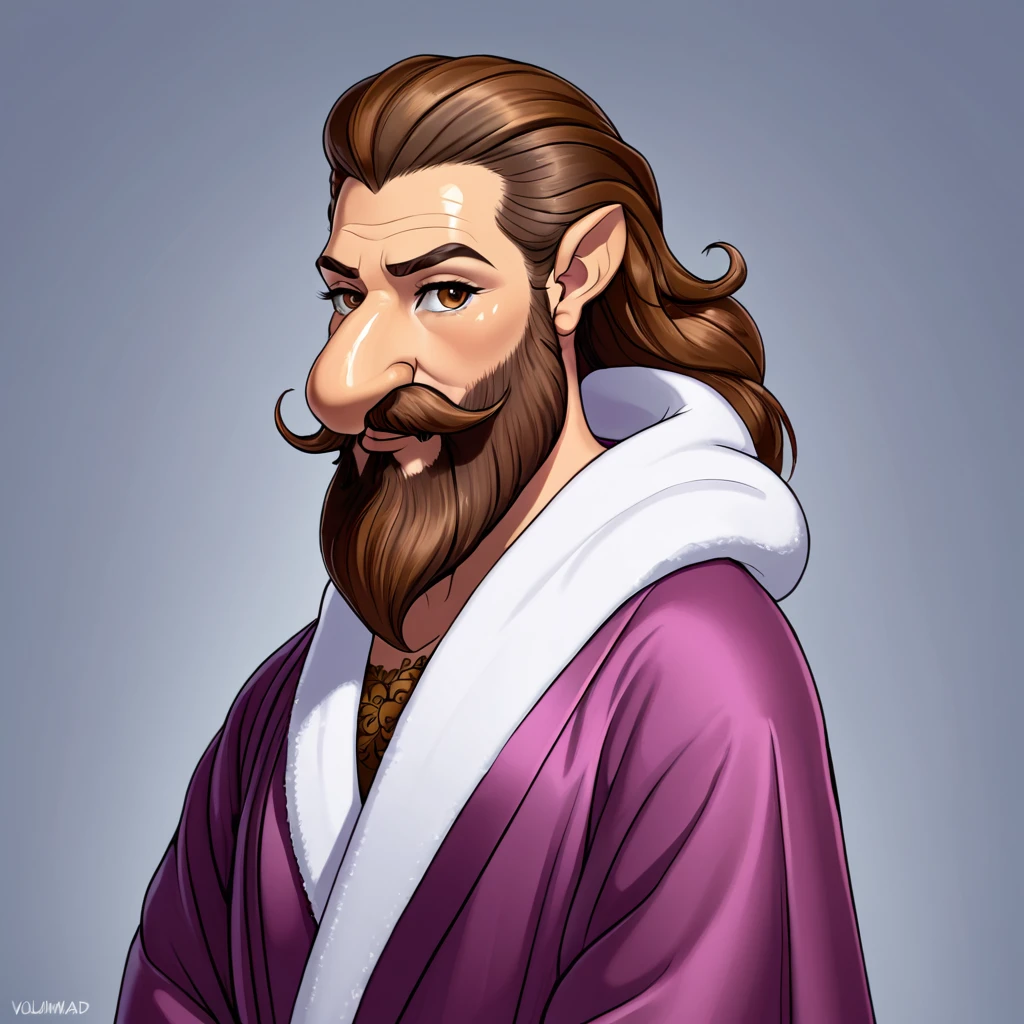 bearded lady with voluminous beard, brown eyes, wet brown hair slicked back, big nose, in dressing gown