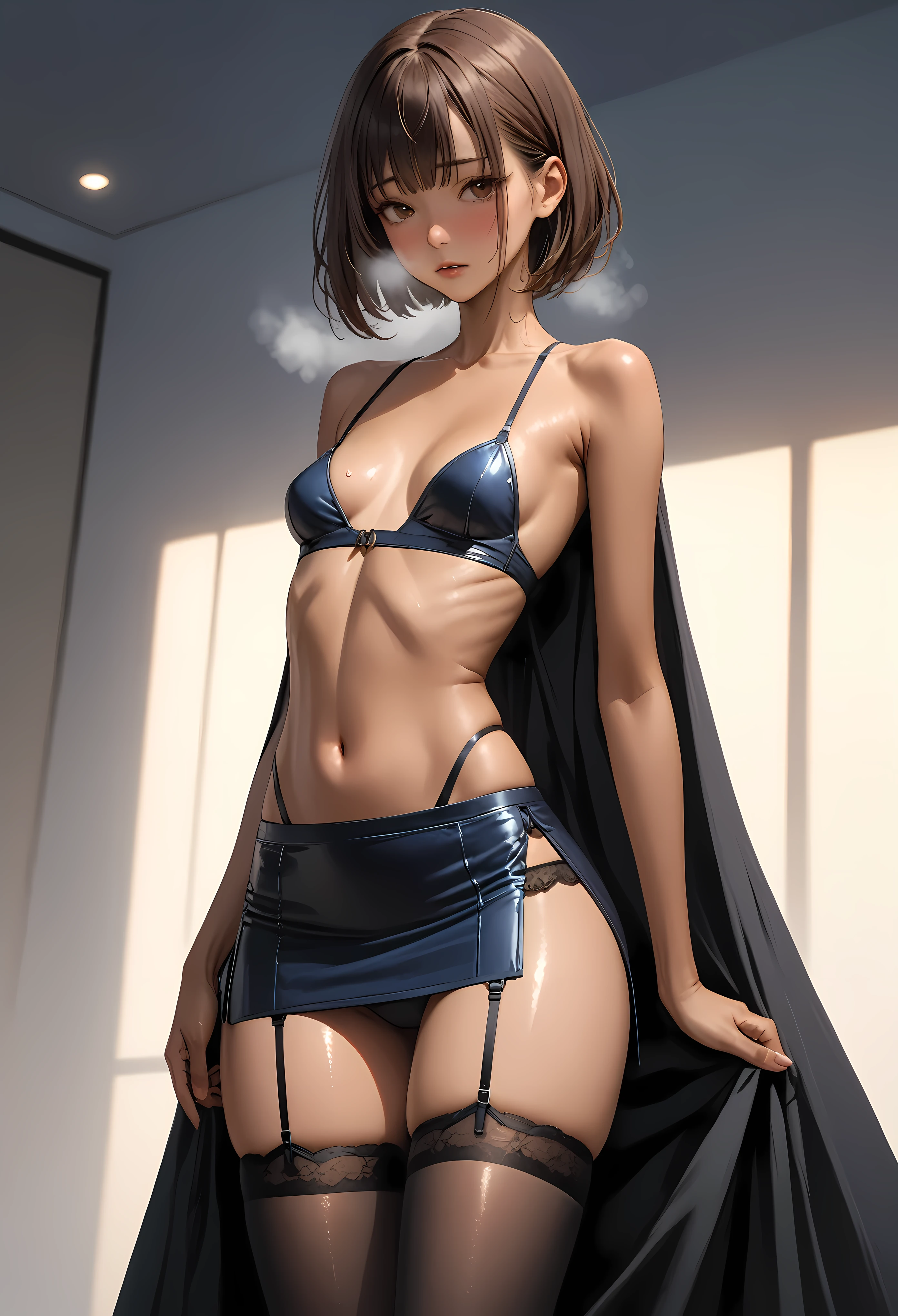 (masterpiece,Highest quality:1.3,best quality illustration),realistic,cowboy shot,1woman,30 year old Japanese beauty,Naval officer、((very small head:1.3)),short bob hair,brown hair,bangs,brown eyes,gorgeous eyes,shy,Heavy breathing、small breasts,((very long body:1.4)),((toned body,slender body,skinny,tan skin)),(Naval officer uniform、Tight mini skirt、garter belt,thighhighs),gleaming skin,shiny skin,sweat:1.2,standing,Study,indirect lighting、