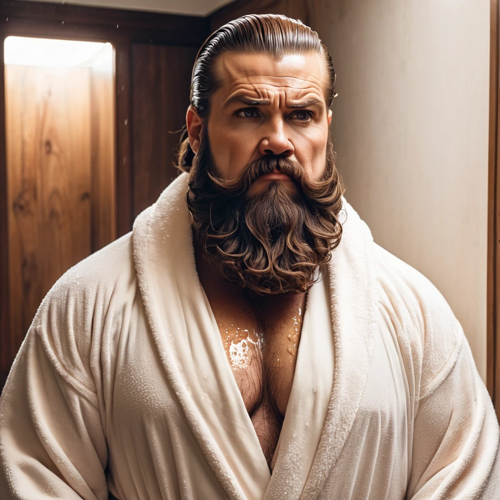 bearded lady with voluminous beard, brown eyes, wet brown hair slicked back, big nose, in dressing gown