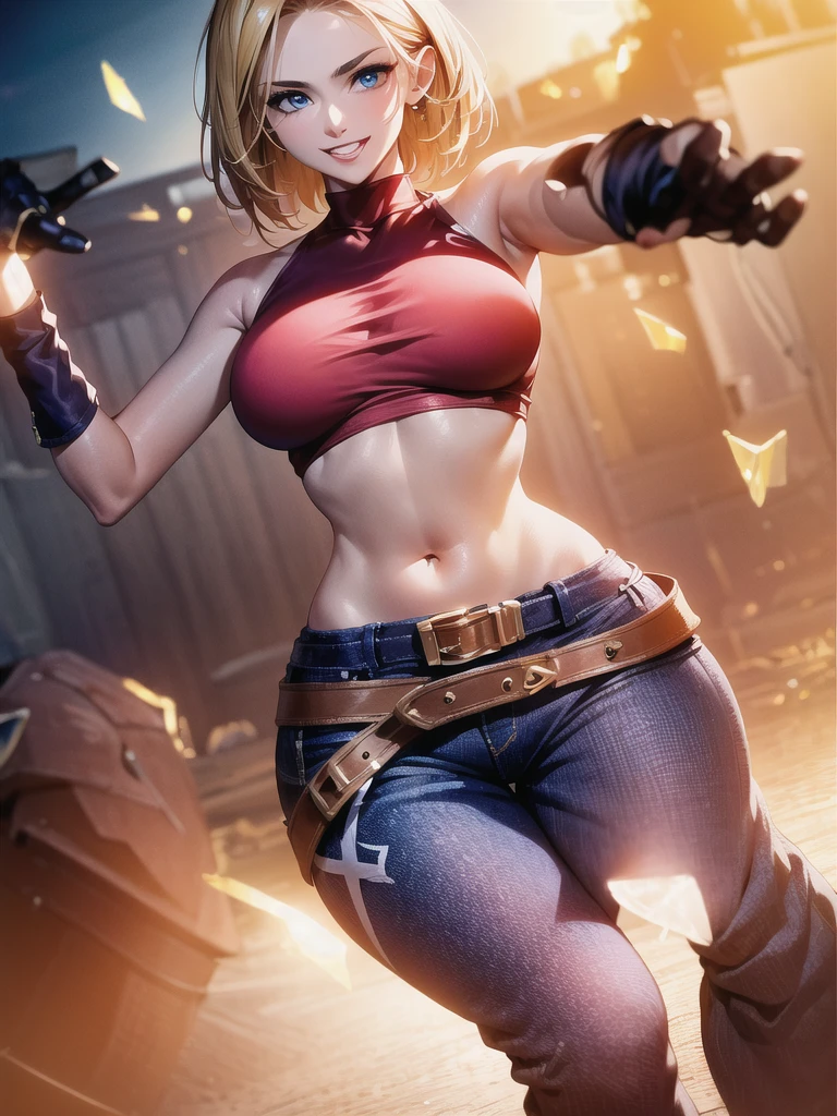 30-year-old woman, alone, athletic, jacket, semi-short blonde hair, wears a tight red crop top, wears blue dogger pants with a large star painted inside a circle on her left leg, has a huge colored belt brown hanging almost falling off his waist, wears blue fingerless gloves, wears brown boots, smiling at viewer, pointing at viewer, high resolution, absurd, intricate, sharp focus, sunset on the beach, 40 megapixels, 500 dpi, best quality, masterpiece, high resolution, perfect image, highly detailed, high contrast, digital colors, simple, medium shot, cinematic, ultra sharp focus, award-winning photography, perfect contrast, high sharpness, depth of field, ultra detailed photography, global illumination, fluid, ultra high definition, 8k, Unreal Engine 5, ultra sharp focus, award winning photography, art season trends,
