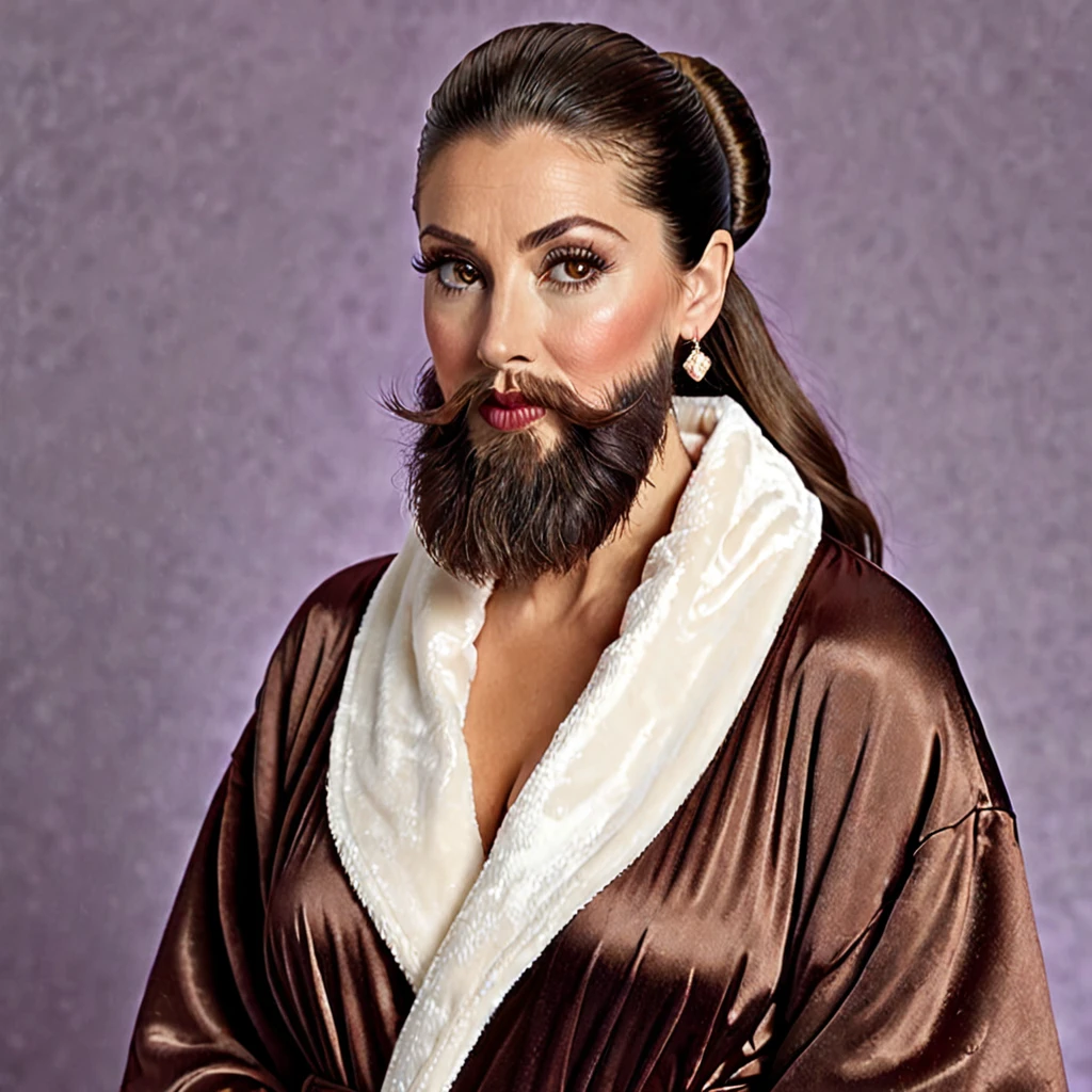 bearded lady with voluminous beard, brown eyes, wet brown hair slicked back, big nose, in dressing gown