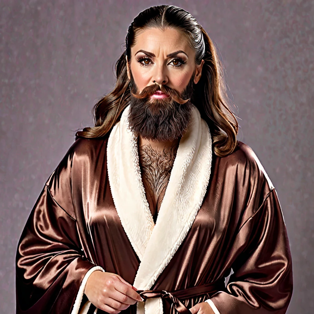 bearded lady with voluminous beard, brown eyes, wet brown hair slicked back, big nose, in dressing gown
