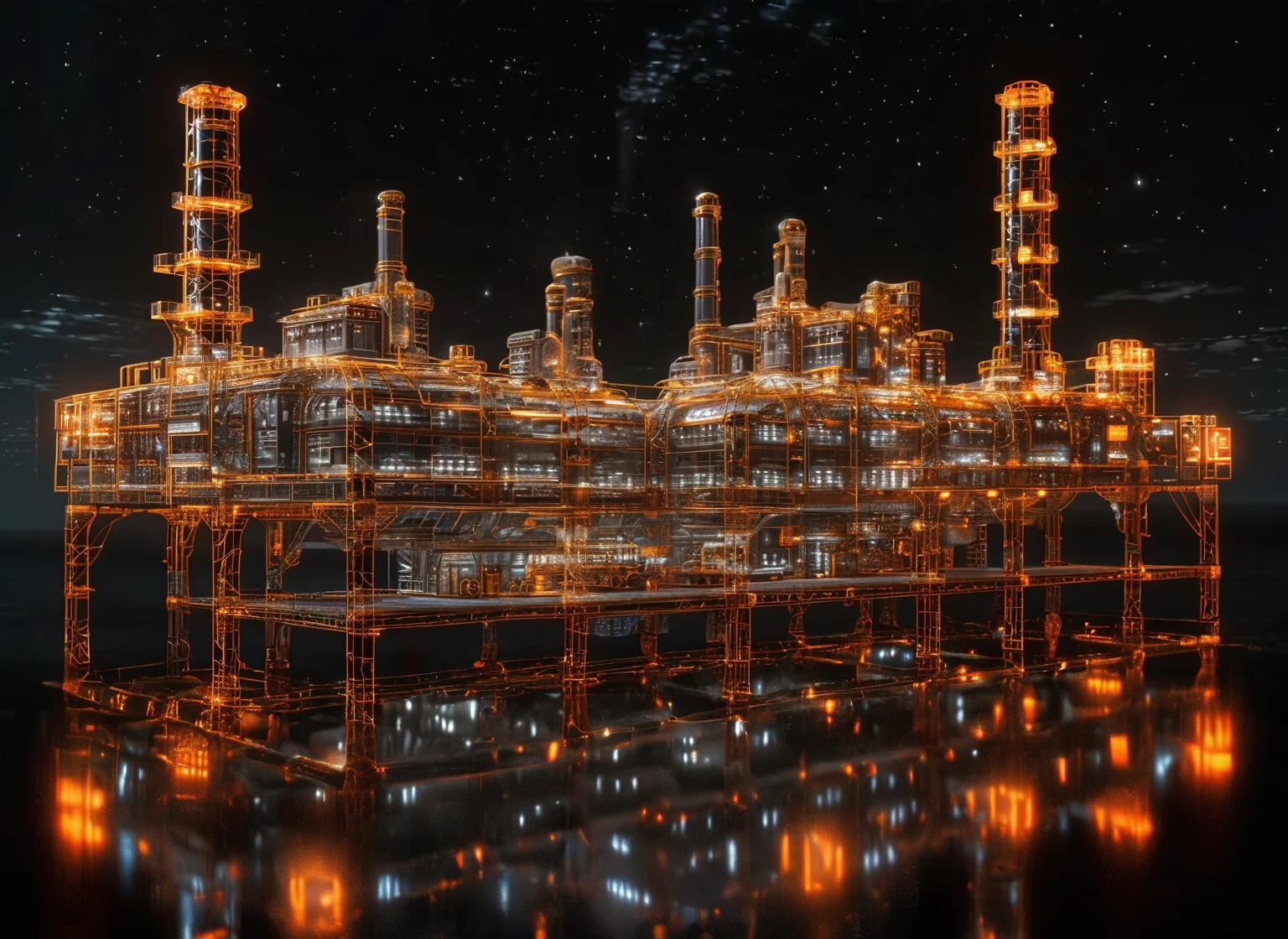 Factory plant wireframe hologram,
The factory by the sea does not shine,rendered in the style of a 3D rendering with a black background,
Professionally shot with professional lighting and color grading，To present surrealism,
Orange and white,(The factory by the sea does not shine:1.3)(Starry sky background:1.4),Stars can be seen in the distance in the background.,