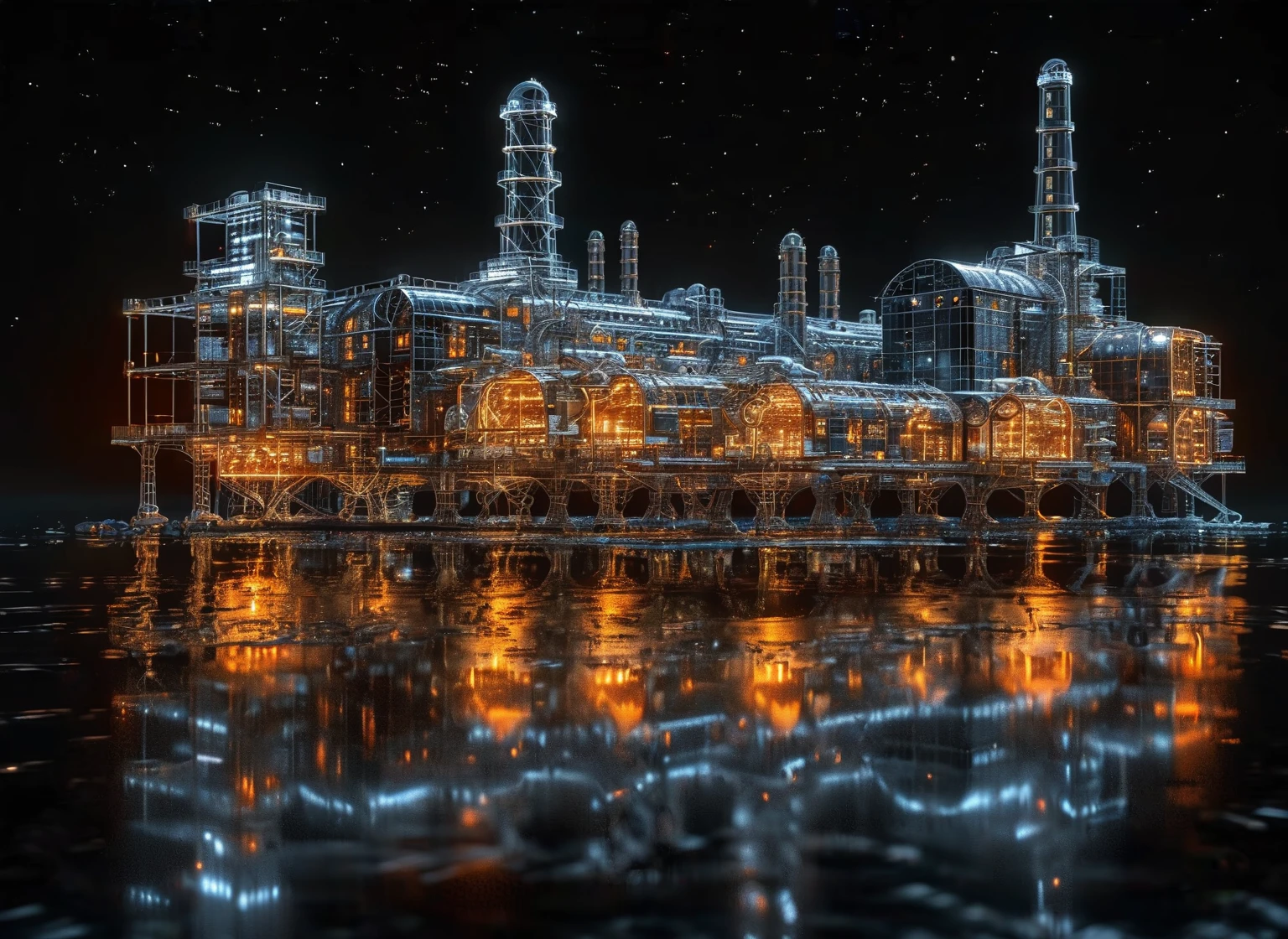 Factory plant wireframe hologram,
The factory by the sea does not shine,rendered in the style of a 3D rendering with a black background,
Professionally shot with professional lighting and color grading，To present surrealism,
Orange and white,(The factory by the sea does not shine:1.3)(Starry sky background:1.4),Stars can be seen in the distance in the background.,