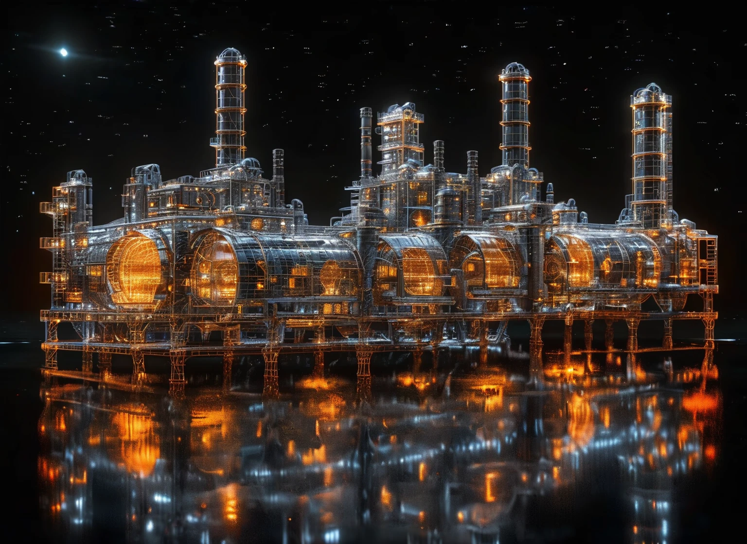 Factory plant wireframe hologram,
The factory by the sea does not shine,rendered in the style of a 3D rendering with a black background,
Professionally shot with professional lighting and color grading，To present surrealism,
Orange and white,(The factory by the sea does not shine:1.3)(Starry sky background:1.4),Stars can be seen in the distance in the background.,