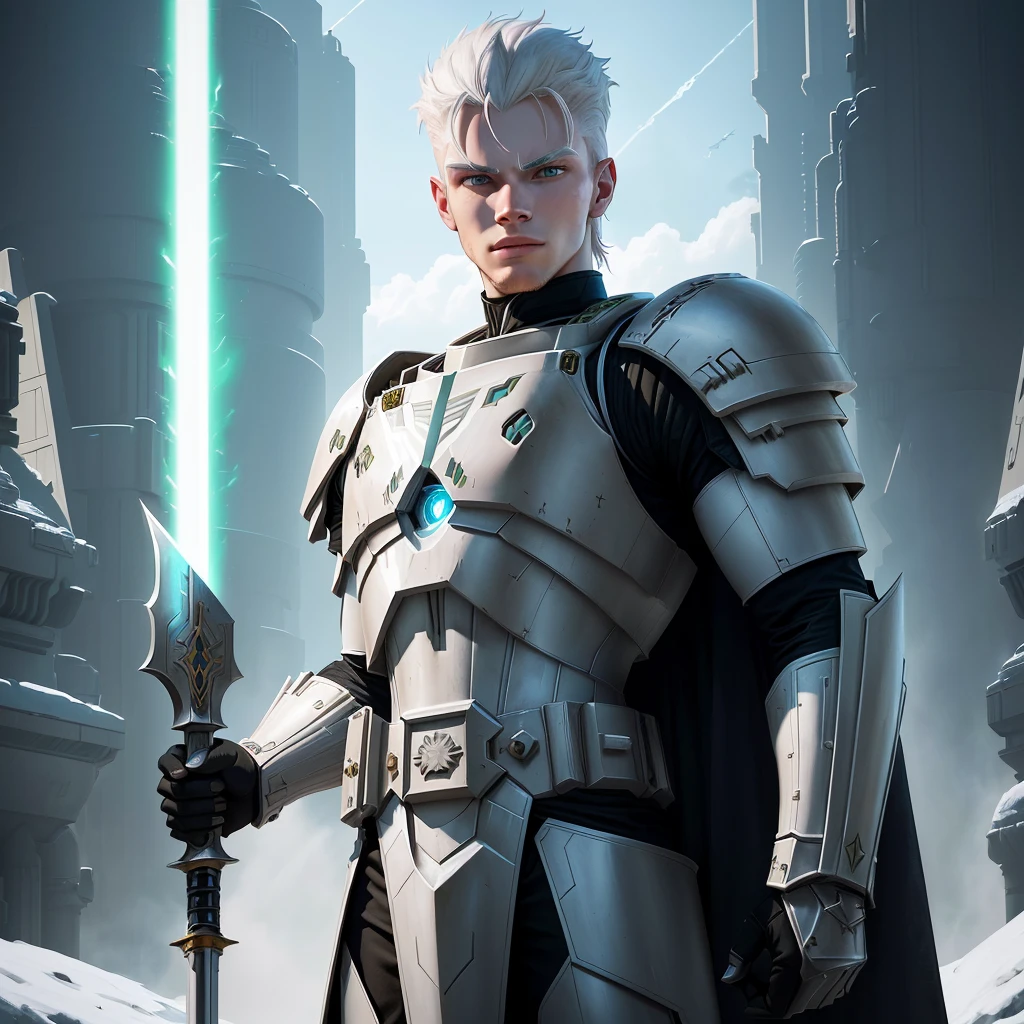 full-body shot, star wars the clone wars art style, young man, tall and brawny, pale white albino skin, white skin, pale skin, albino skin, subtle grin, long spiky white hair, thick white eyebrows, pink eyes, bastard greatsword, larger thicker flat green plasma blade, black metal knight plate armor with a pauldron, bright Coruscant day, space station in the background, solo, in a sword stance, heroic