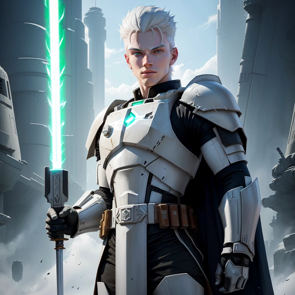 full-body shot, star wars the clone wars art style, young man, tall and brawny, pale white albino skin, white skin, pale skin, albino skin, subtle grin, long spiky white hair, thick white eyebrows, pink eyes, bastard greatsword, larger thicker flat green plasma blade, black metal knight plate armor with a pauldron, bright Coruscant day, space station in the background, solo, in a sword stance, heroic