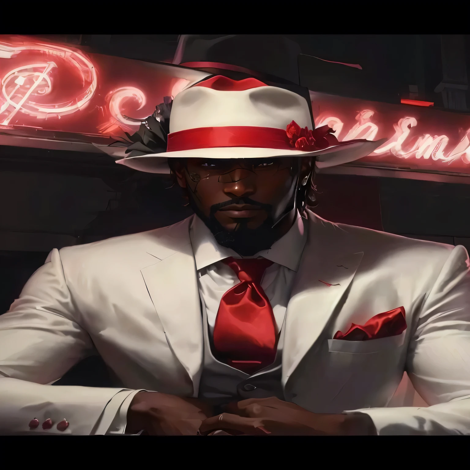 there is a man in a white suit and a red tie, a man in a suit and hat, white suit and hat, Jesse McCree, dropping your fedora, a portrait of the character, noir detective and a felt hat, neo - noire, Mccree de Overwatch, as a character in Tekken, handsome man, LeBron James is the art of GTA V boss, gentelman