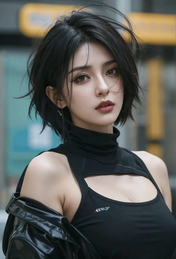Dark hair、Arafad woman wearing black top posing for photo, beautiful cyberpunk girl face, jet black haired cyberpunk girl, Beautiful cyberpunk female model, dreamy cyberpunk girl, the cyberpunk girl portrait, Alena Akhnami (Alaina Enami) and art jam, Cyberpunk beautiful girl, cyberpunk girl, Hyperrealistic cyberpunk style, A fascinating cyberpunk dark fantasy, Trash cyberpunk, Sexy eyes