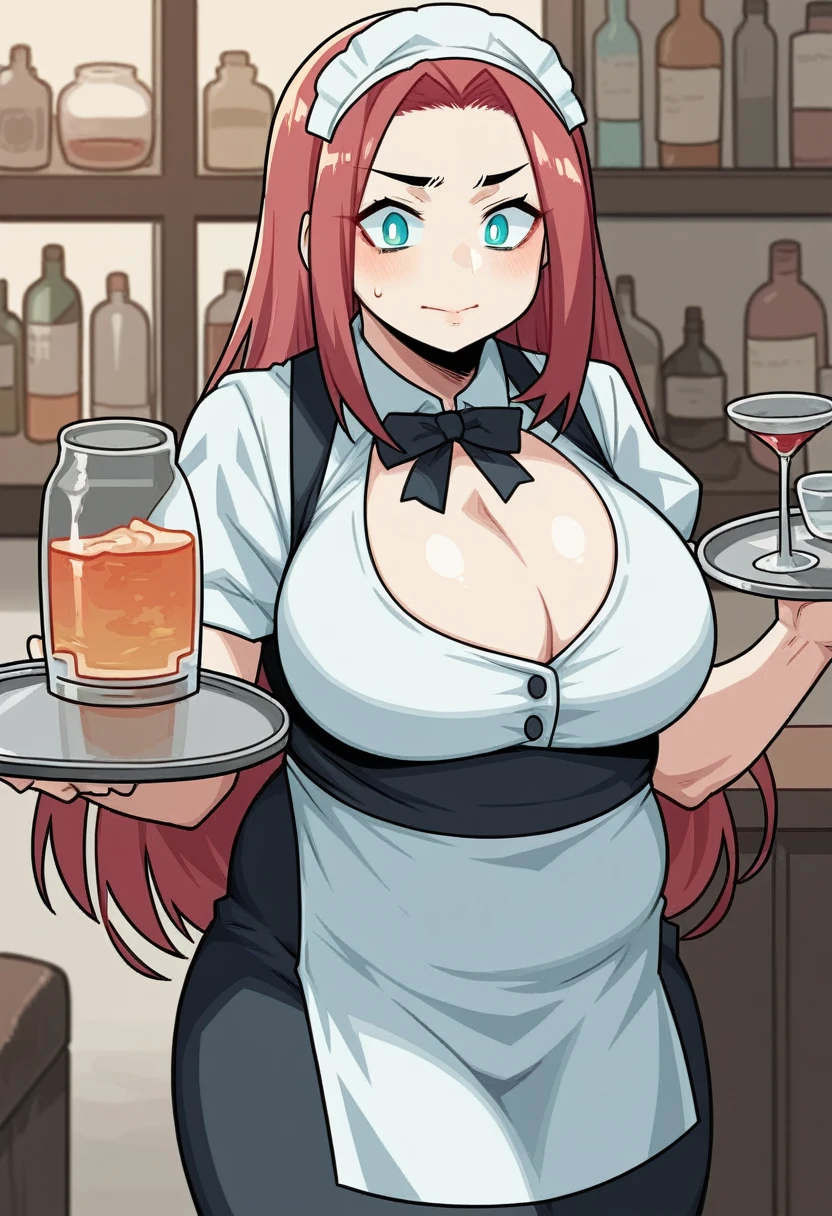 score_9, score_8_up, score_7_up, source_anime, BREAK, (((yew))), , 1girl, solo, chubby, waitress uniform, cleavage, thicc, holding a tray, breasts on tray