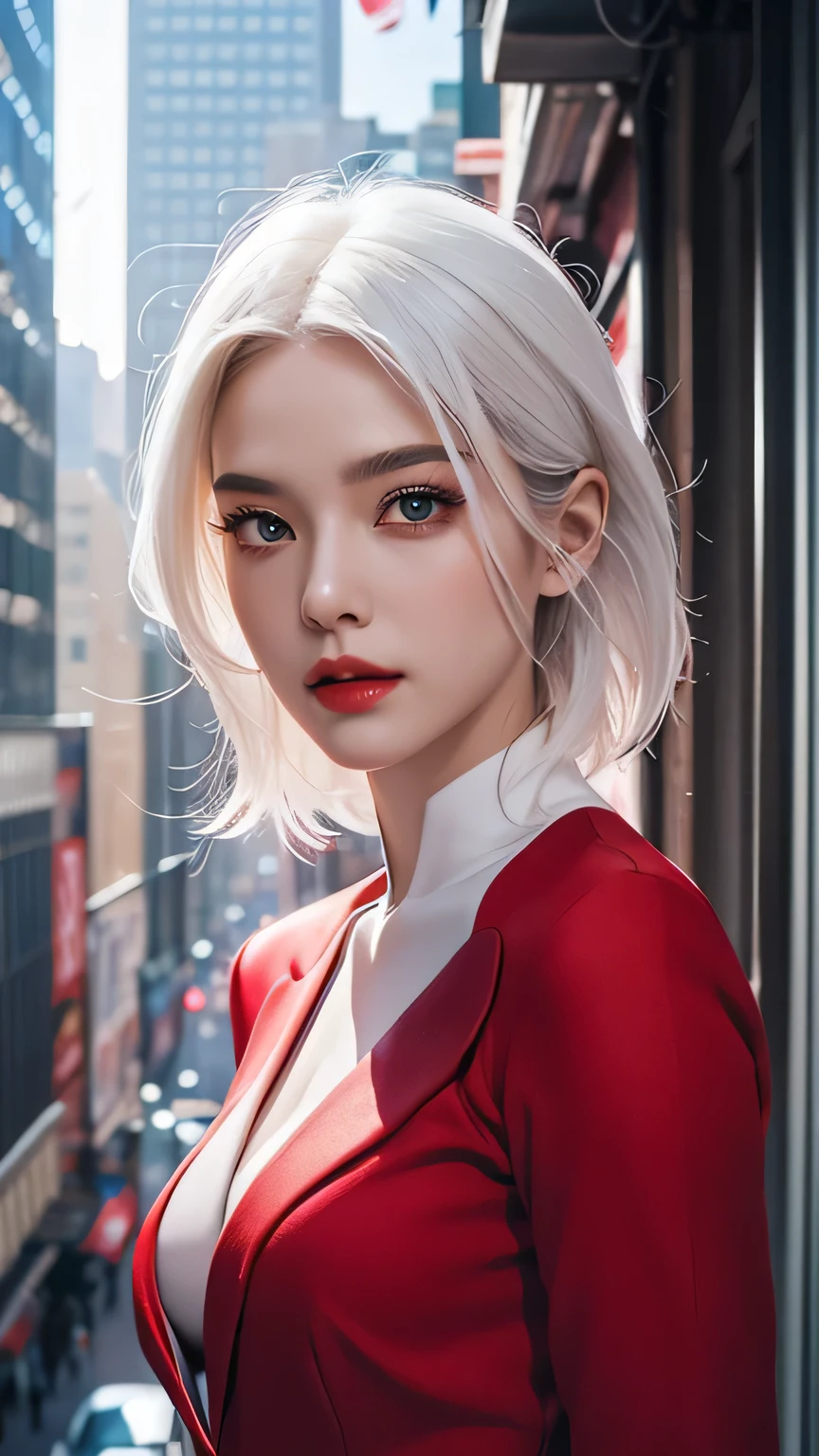 spider-woman, red suit, beautiful eyes, white hair, half body, masterpiece, ultra high details, Manhattan city