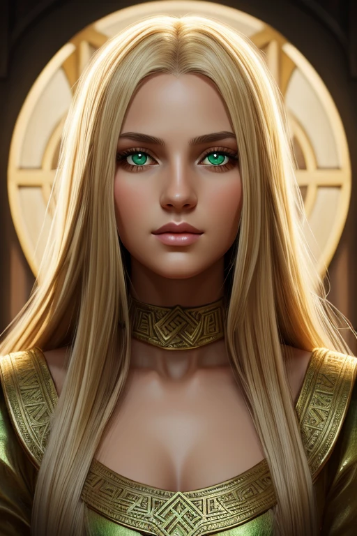 portrait, digital art, trending on ArtStation, 1girl, green shiny eyes, star-shaped eyes, beautiful, beige blonde long hair, greek clothing, absurdres, best quality