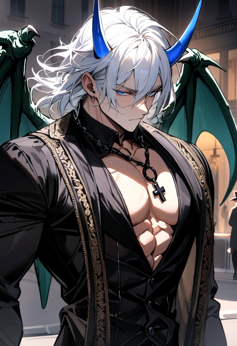 homen,Strong muscles, short white hair, best quality,open chest vest, blue and black clothes, Dragon Wings, black cloth on face, black cross chain around neck, black fedora hat with blue horns on the hat, in paris 