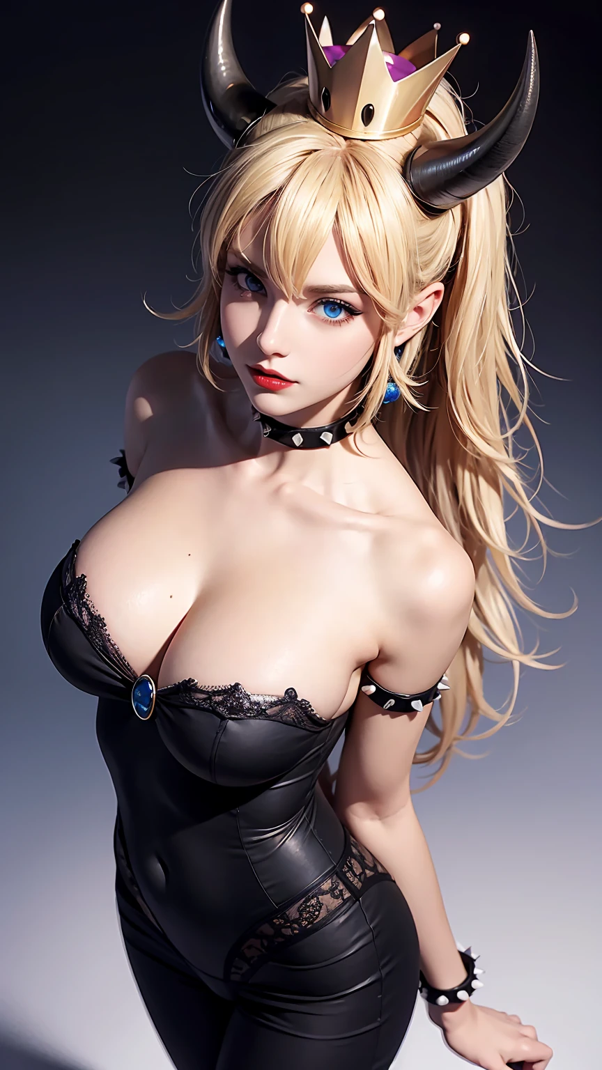 ((high detailed, best quality, 4k, masterpiece, hd:1.3)), ((best quality)), (((HD))), (((8k))), (ultraDH), (ultra HD), Snowy Forest background, snowflake pattern, Princess Daisy, blue eyes, BREAK blue eyes, seductive, attractive, smooth anime cg art, 36C breasts, long legs, vivid colors, detailed digital art, slim body, perfect skin, dark blonde hair, long hair, blonde hair, blonde hair, BREAK crown, cleavage, 36C cleavage, looking at viewer, BREAK looking at viewer, extremely detailed face, red santa suit, red santa claus suit, santa claus suit, earrings, gem, dark black makeup lips, dark gothic eyeshadows, dark eyeshadows, black eyeshadows, black sexy lips, black lips, (dark:1.2), dark lips, very dark lips, (perfect hands, perfect anatomy), black makeup, black medium lips, black thick lips, detailed fingers, five fingers per hand, 5 fingers, (1 girl), detailed lips, detailed black lips, black painted lips, gothic painted lips, BREAK night, night sky, (breast focus), (arms outstreched:1.2), (from above:1.1), (breasts out:1.3), (off shoulder:1.1), (white horns), (lingerie),