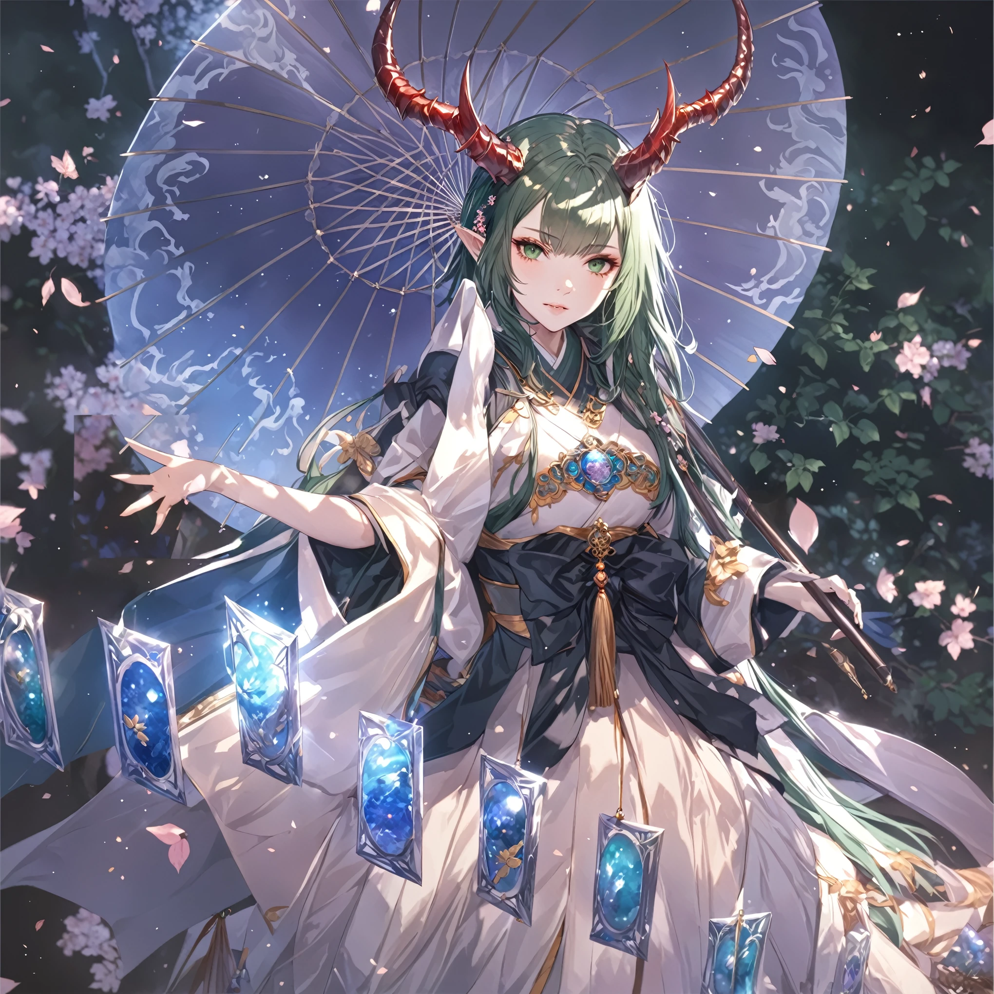 masterpiece, best quality, Fantasy aesthetics, Highly detailed, shadowverse style, female, japanese style, dark green hair, dragon horn
