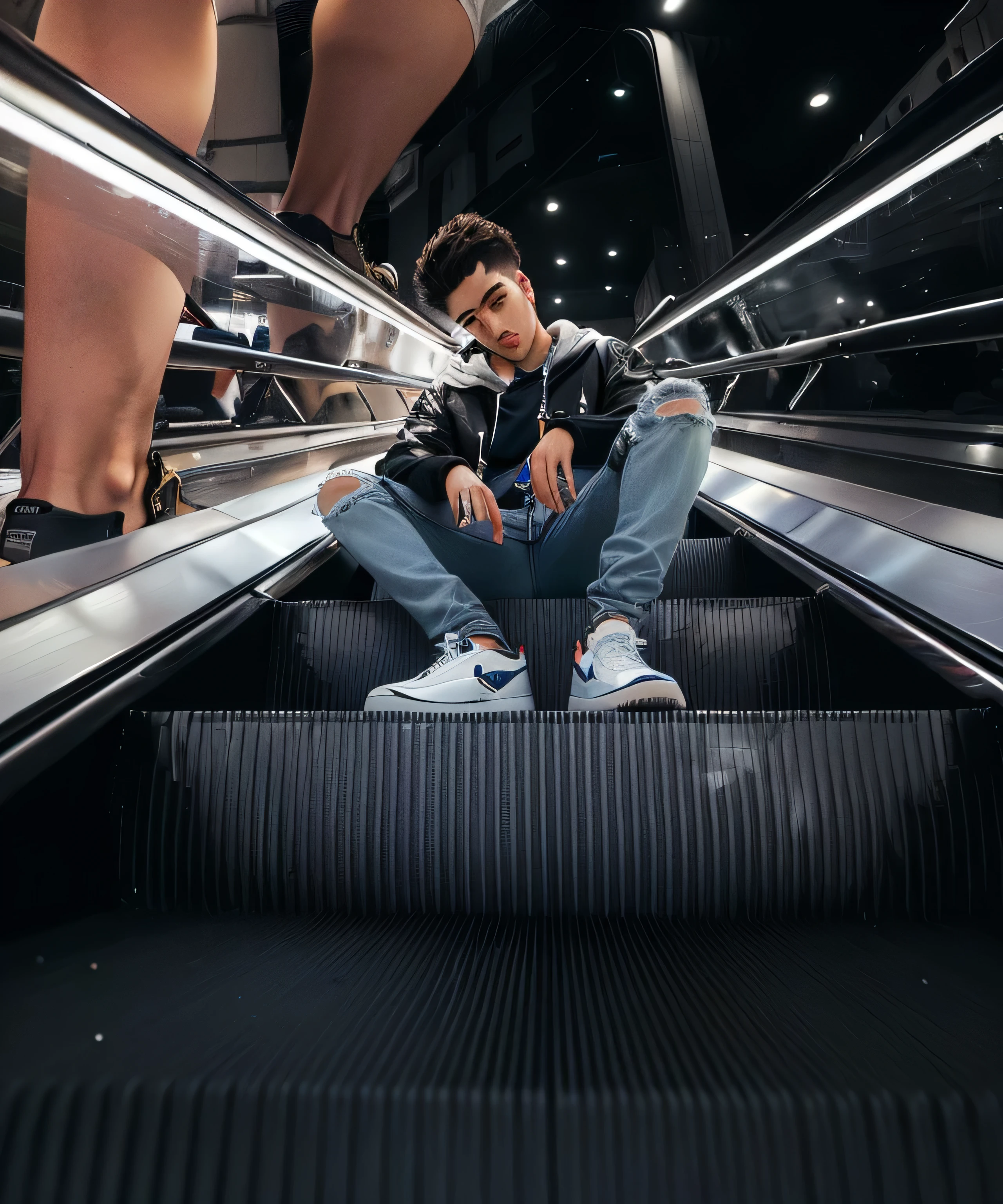 there is a man sitting on an escalator with his feet on the floor,looking to the down, urban fashion, perspectiva baixa