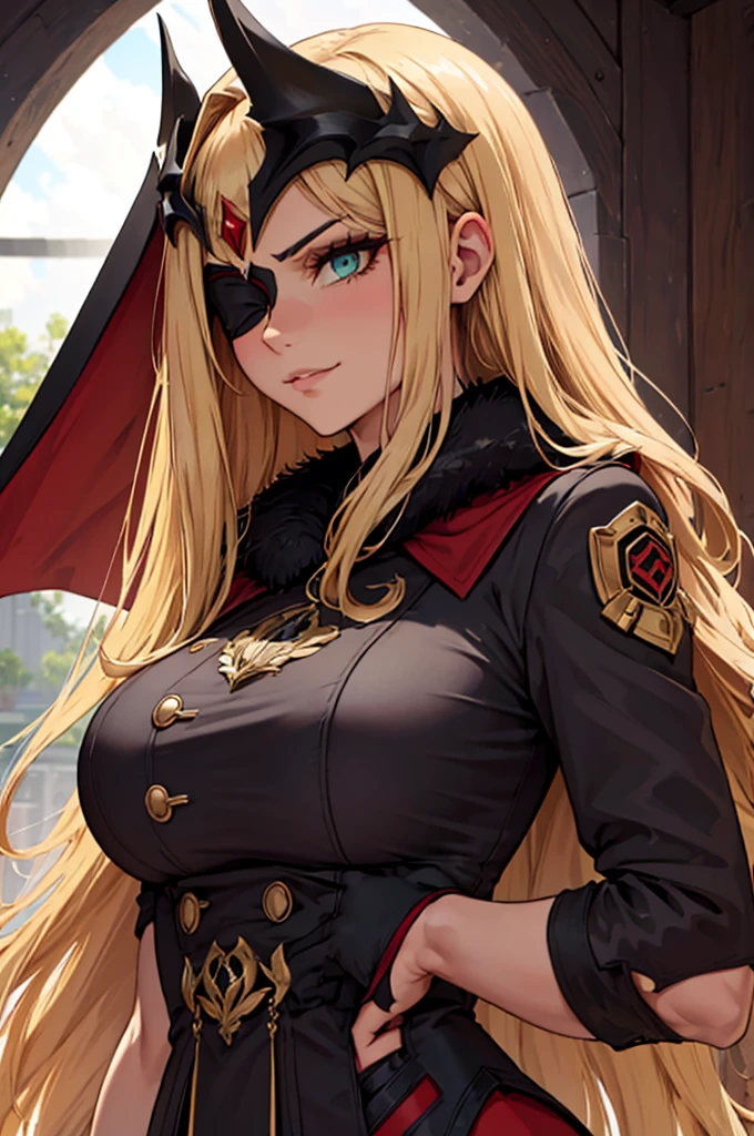 ((masterpiece)), ((best quality)), 1girl, adult, long hair, ((blonde hair)), very long blonde hair, ((intimidant look)), ((close-up)), profile image, green eyes, black and red clothes, sexy, dark colors, brillant eyes, ((coat with fur)), ((wavy hair)), exposed skin, ((sexy pose)), ((intimidant look)), good anatomy, ((dark sage clothes)), ((straight cut bangs)), emotionless, intimidant, ((beautiful eyes)), close up, ((detailed eyes)), beautiful eyes, ((detailed face)), hair bang, frontal look, evil, relaxed, smile, magical goddess othinus, detailed face, eyepatch, full body, ((detailed))