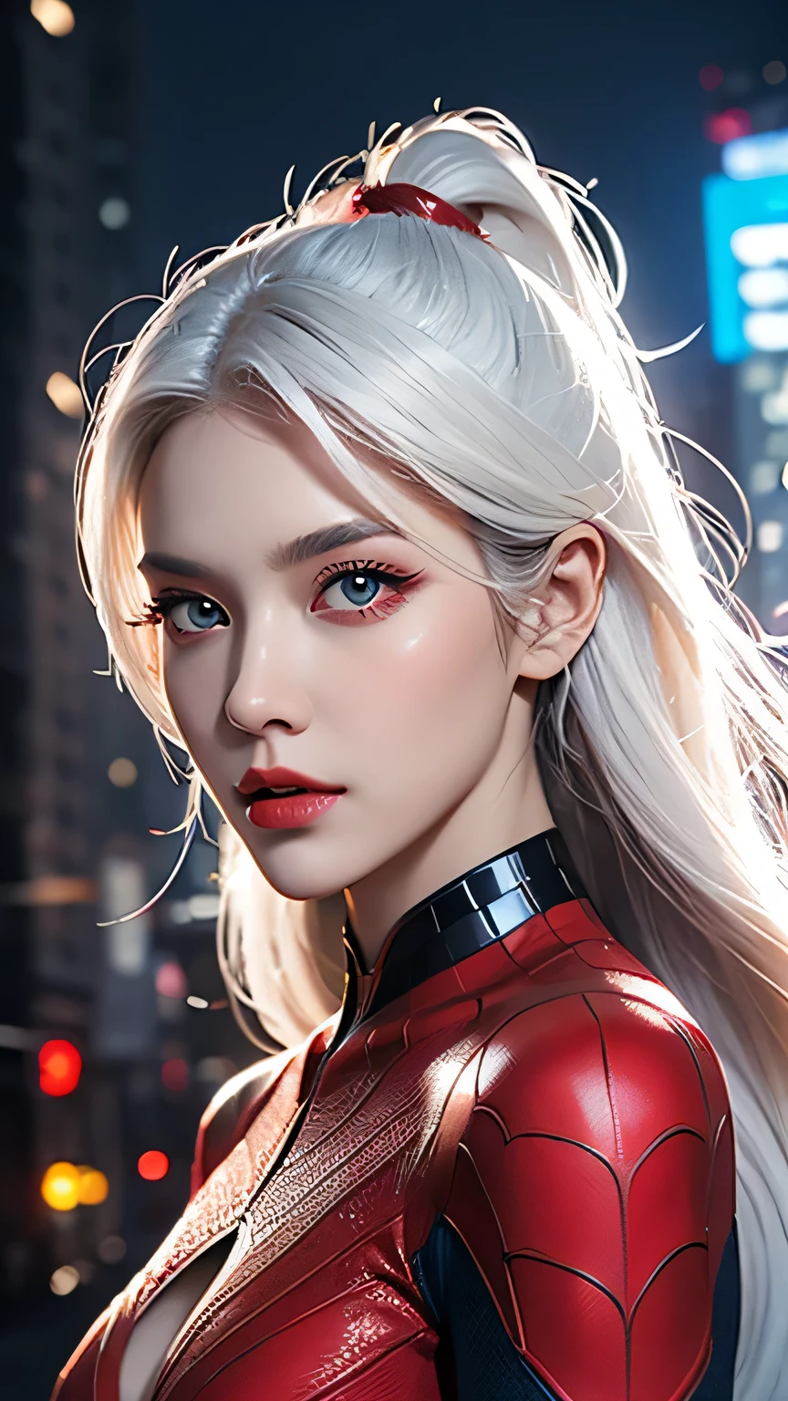 spider-woman, red suit, beautiful eyes, white hair, half body, masterpiece, ultra high details, Manhattan city 