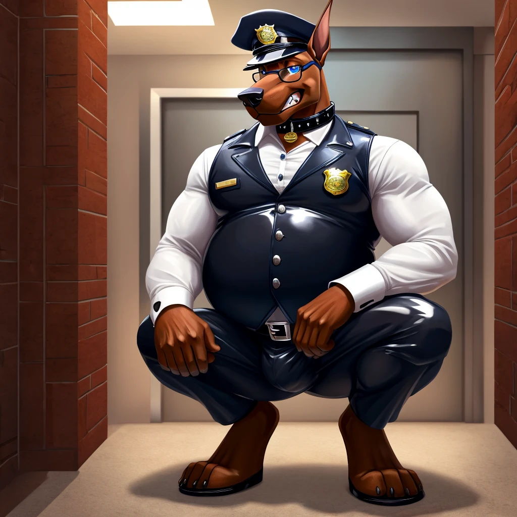 Solo, Male, fat, squatting, extremely obese, gentleman, dapper Doberman, blue eyes, (soft shading), 4k, hi res, ((detailed face, detailed)), looking at viewer, evil grin, police station, collared shirt with buttons, hat, male focus, Police Uniform, glasses, monocle, vest with buttons, sleeves rolled up, round eyewear, headwear, vest, Doberman is wearing a glossy leather dog collar around the neck, Doberman is wearing the leather collar and shirt and vest at the same time, Doberman is wearing glossy white rubber gloves on the hands, wearing white rubber gloves on the feet, Doberman is wearing glossy white cuffs around the wrists with cufflinks, gloves are rubber in texture, clenching teeth, clenching fists, leather collar is glossy and shiny with a lot of detail, Doberman is wearing gloves and cuffs and cufflinks at the same time, leather collar has a round dog-tag, leather collar is thick and detailed.