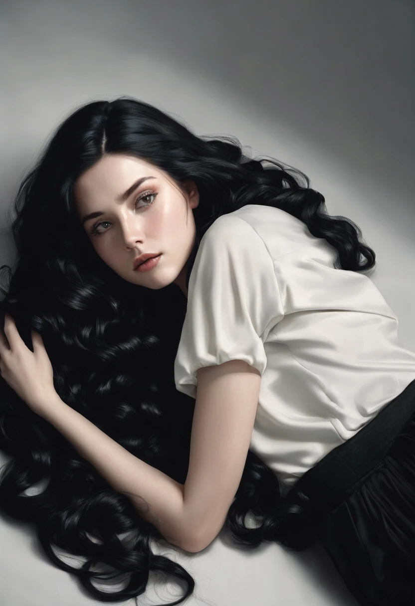 girl lying down, long black hair with waves, black top, very beautiful with hyperrealistic face 