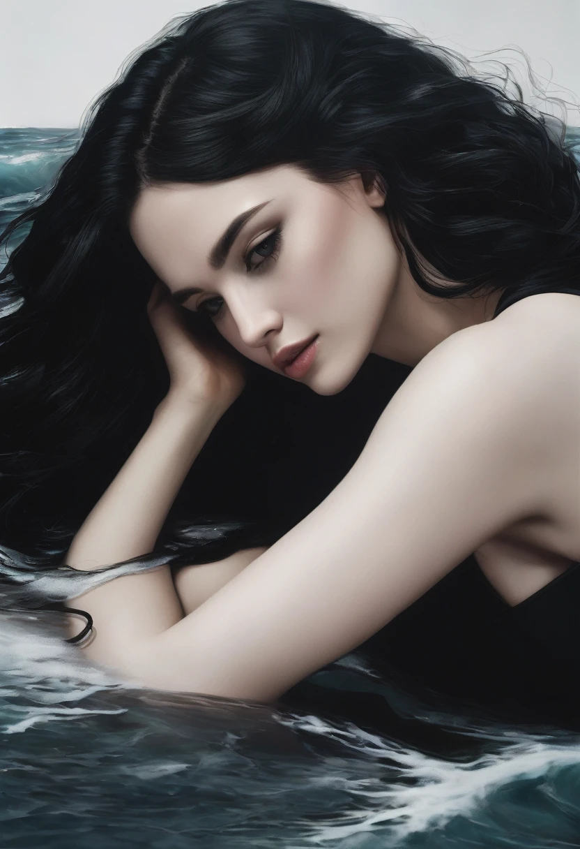 girl lying down, long black hair with waves, black top, very beautiful with hyperrealistic face 