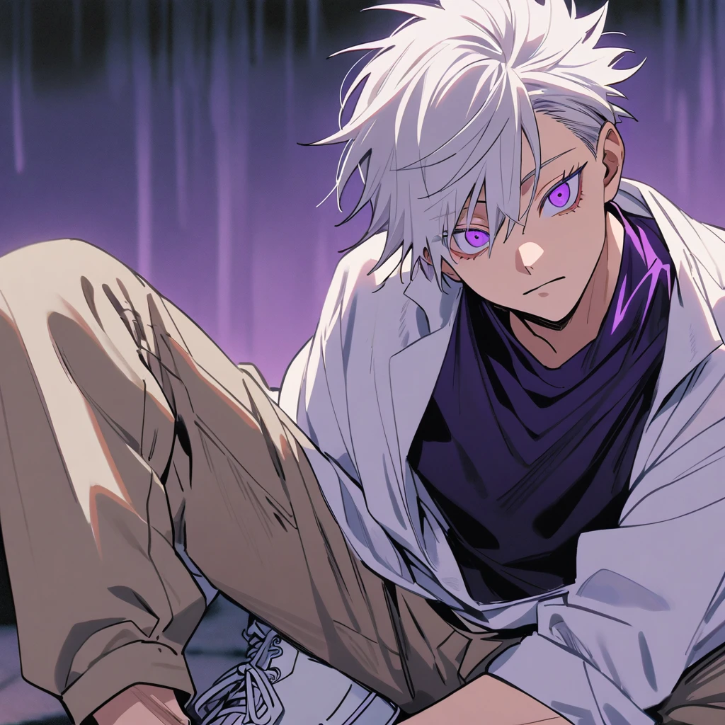 A jujutsu kaisen style boy with white hair with purple highlights, purples eyes, wearing a basic white blouse, and beige cargo pants under the blouse, and a white sneaker