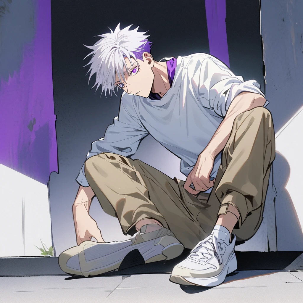 A jujutsu kaisen style boy with white hair with purple highlights, purples eyes, wearing a basic white blouse, and beige cargo pants under the blouse, and a white sneaker